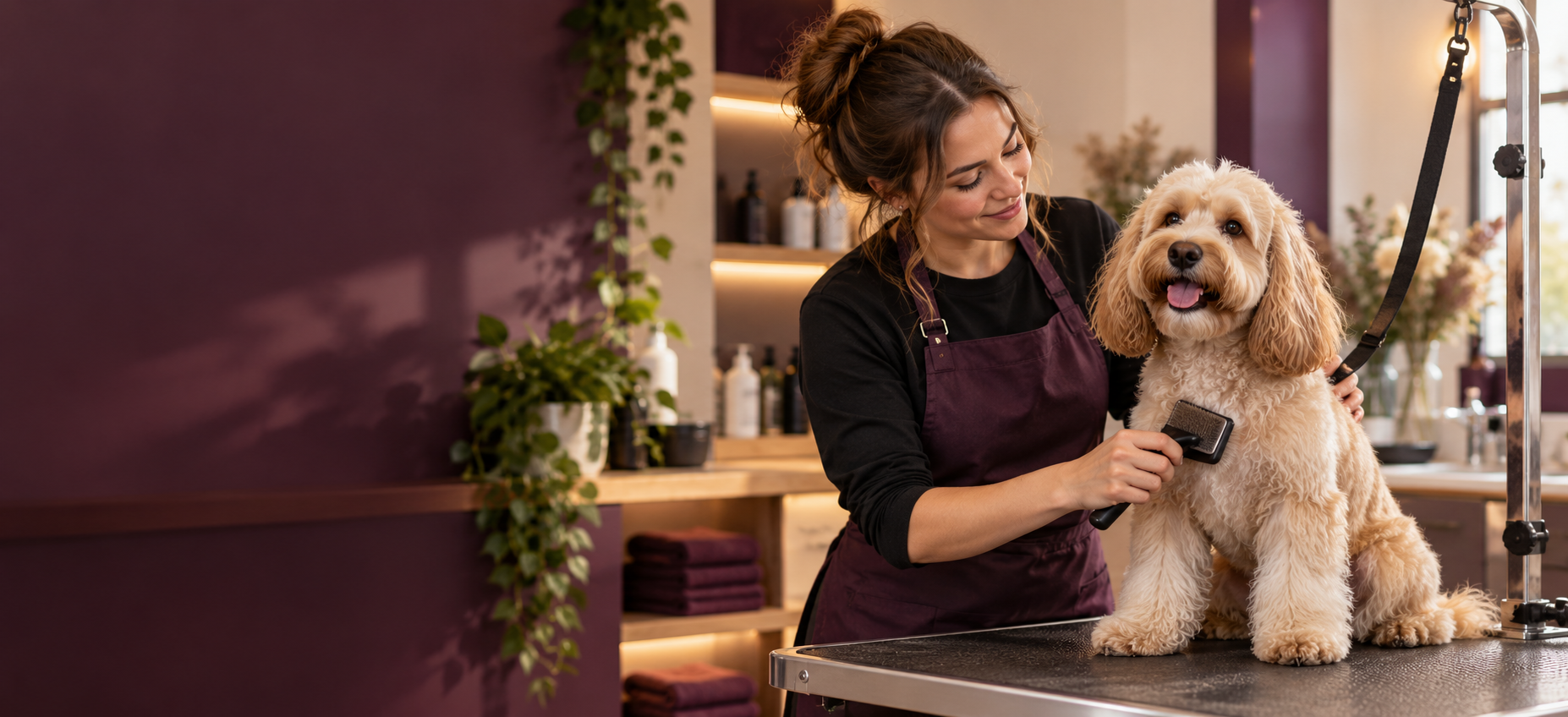 A professional dog groomer gently brushing a happy cockapoo in a boutique salon